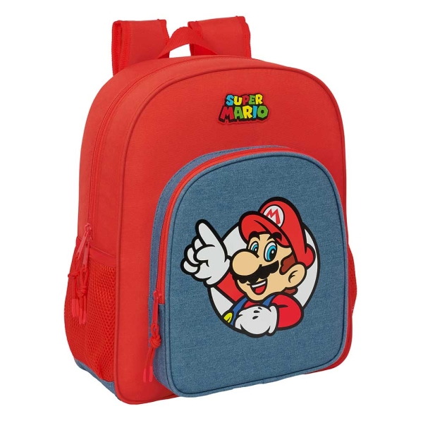 Safta Super Mario Mochila - 15L - Adaptable a Carro - Bolsillo Frontal - Portabotellas - Cremallera con Doble Tirador - Asa de Mano - Hombreras y Espalda Acolchada - 32x38x12cm - Color Rojo y Azul
