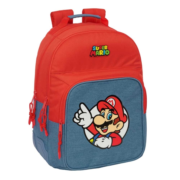 Safta Super Mario Mochila - Adaptable a Carro - Bolsillo Frontal - Portabotellas - Cremallera con Doble Tirador - Asa de Mano - Hombreras y Espalda Acolchada - 32x42x15cm - Color Rojo y Azul