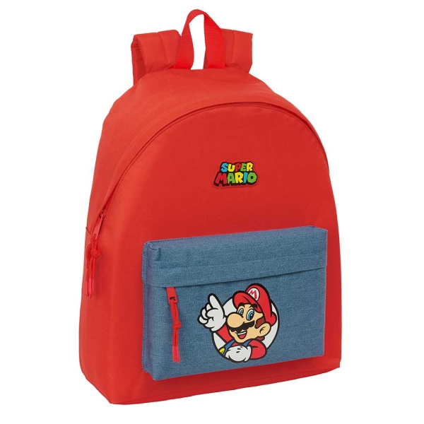 Safta Super Mario Mochila - Bolsillo Frontal - Espalda Acolchada - Hombreras Ergonomicas - Cremallera con Doble Tirador - Asa de Mano - 33x42x15cm - Color Rojo y Azul