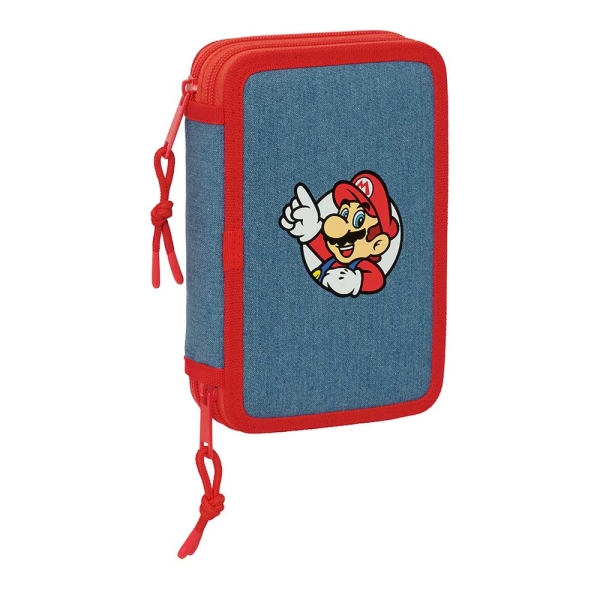 Safta Super Mario Plumier de 2 Pisos - 29 Piezas - Goma - Lapiz - 2 Boligrafos - Sacapuntas - 10 Colores - 14 Rotuladores - 12.5x19.5x4cm - Color Rojo y Azul