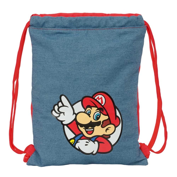 Safta Super Mario Saco Plano - Cierre con Cordones - Bolsillo Interior con Cremallera - 26x34x1cm - Color Rojo y Azul