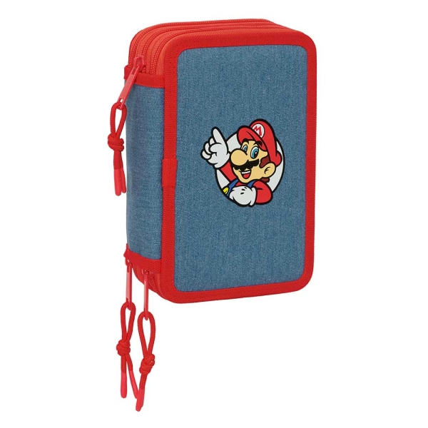Safta Super Mario Plumier de 3 Pisos - 37 Piezas - Goma - Lapiz - 2 Boligrafos - Sacapuntas - 2 Reglas - 16 Colores - 14 Rotuladores - 12.5x19.5x5.5cm - Color Rojo y Azul