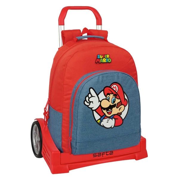 Safta Super Mario Mochila con Carro - Extraible - Bolsillo Frontal - Cremallera con Doble Tirador - Asa de Mano - 32x42x15cm - Color Rojo y Azul