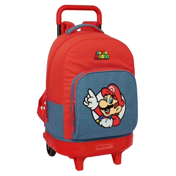 Safta Super Mario Mochila con Carro - Extraible - 33L - Portabotellas - Tarjeta de Identificacion Personal - Cremallera con Doble Tirador - Asa - Bolsillo Frontal - 33x45x22cm - Color Rojo y Azul