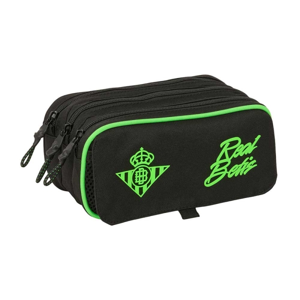 Safta Real Betis Balompie Portatodo - 3 Compartimentos con Cremallera - Cinta Trasera Adaptable - Bolsillo Frontal de Rejilla con Velcro - 21.5x10x8cm - Color Negro y Verde