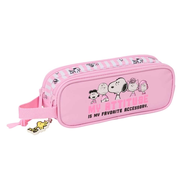 Safta Snoopy Portatodo - 2 Compartimentos con Cremallera - Asa Lateral - Capacidad 1L - 21x8x6cm - Color Rosa