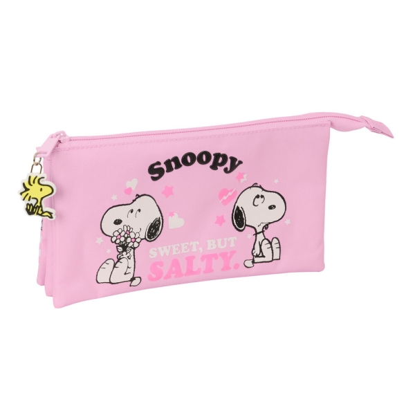 Safta Snoopy Portatodo - 3 Compartimentos con Cremallera - Bolsillo Interior Central - 22x12x3cm - Color Rosa