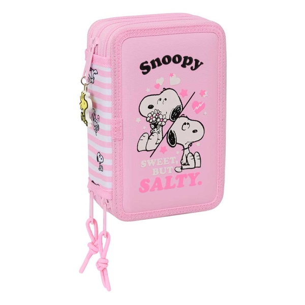 Safta Snoopy Plumier de 3 Pisos - 37 Piezas - Goma - Lapiz - 2 Boligrafos - Sacapuntas - 2 Reglas - 16 Colores - 14 Rotuladores - 12.5x19.5x5.5cm - Color Rosa