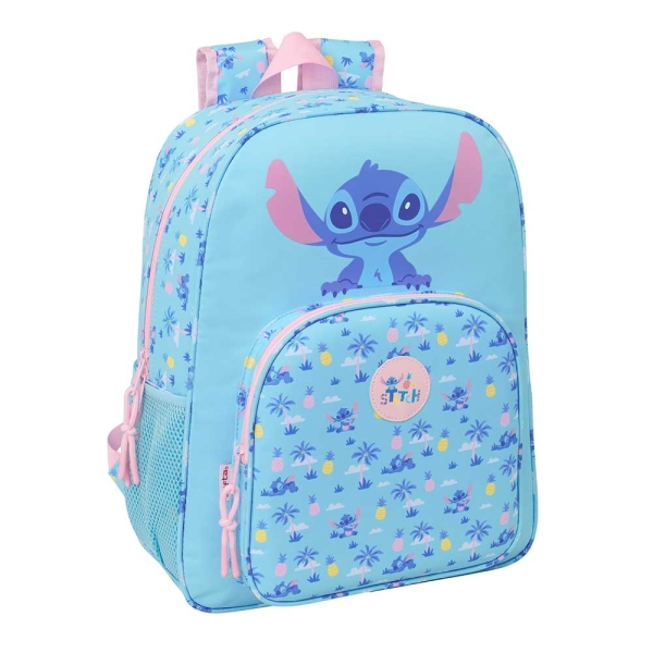 Safta Stitch Waves Mochila - Adaptable a Carro - Bolsillo Frontal - Portabotellas - Cremallera con Doble Tirador - Asa de Mano - Hombreras y Espalda Acolchada - 33x42x14cm - Color Azul Claro
