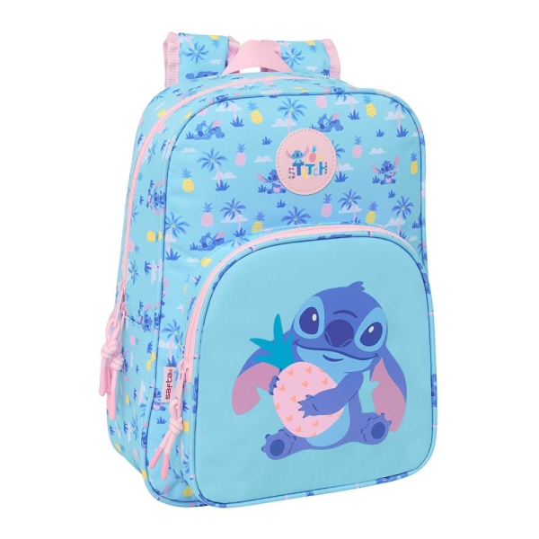 Safta Stitch Waves Mochila Infantil - Portabotellas - Bolsillo Frontal - Adaptable a Carro - Hombreras Acolchadas - 26x34x11cm - Color Azul Claro