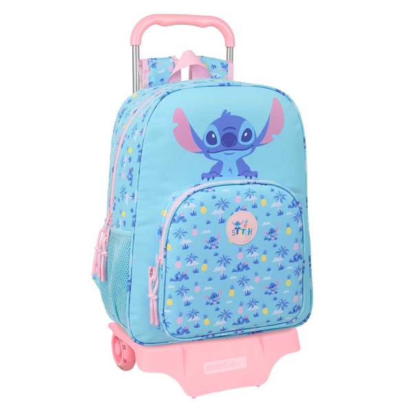 Safta Stitch Waves Mochila con Carro - Extraible - Portabotellas - Bolsillo Frontal - Cremallera con Doble Tirador - Asa de Mano - 33x42x14cm - Color Azul Claro