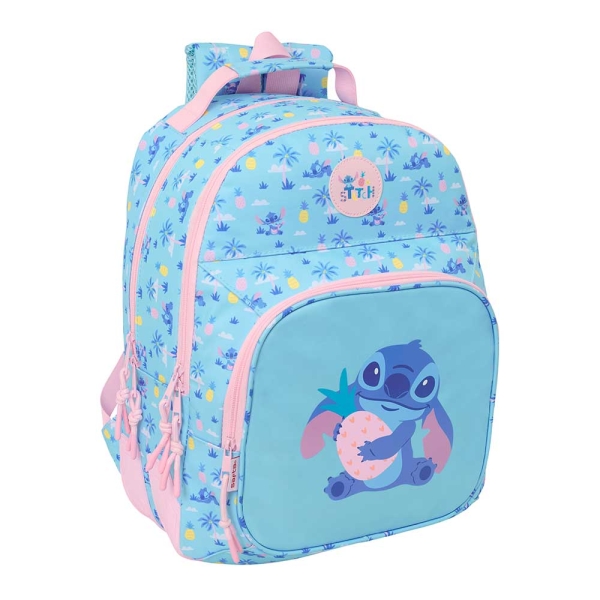 Safta Stitch Waves Mochila - Adaptable a Carro - Bolsillo Frontal - Portabotellas - Cremallera con Doble Tirador - Asa de Mano - Hombreras y Espalda Acolchada - 32x42x15cm - Color Azul Claro