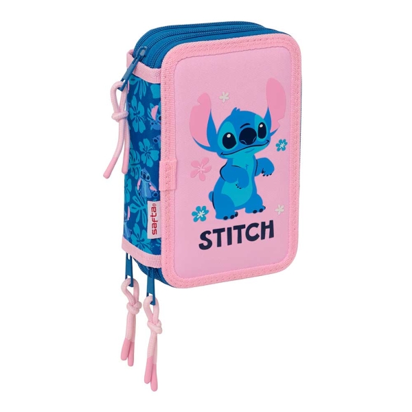 Safta Stitch Lio Plumier de 3 Pisos - 37 Piezas - Goma - Lapiz - 2 Boligrafos - Sacapuntas - 2 Reglas - 16 Colores - 14 Rotuladores - 12.5x19.5x5.5cm - Color Rosa