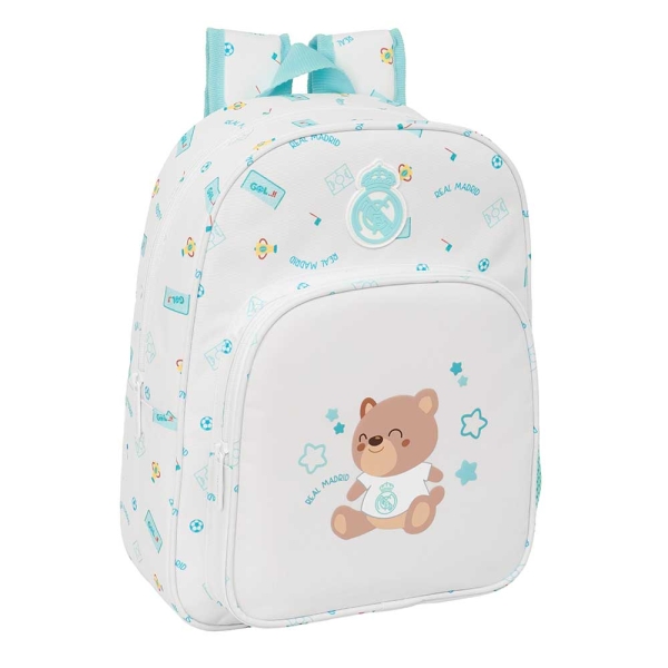 Safta Real Madrid Preescolar Mochila Infantil - Portabotellas - Bolsillo Frontal - Adaptable a Carro - Hombreras Acolchadas - 26x34x11cm - Color Blanco