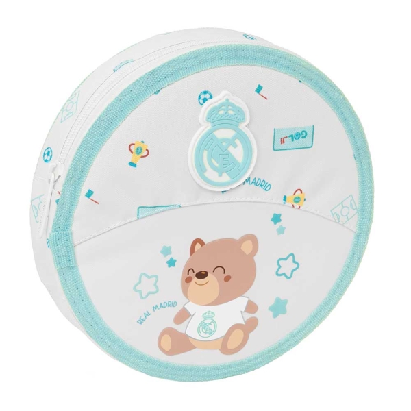 Safta Real Madrid Preescolar Plumier Redondo - 18 Piezas - Cremallera - Goma - Lapiz - 6 Colores - 8 Rotuladores - 2 Sacapuntas - 21x3.5cm - Color Blanco