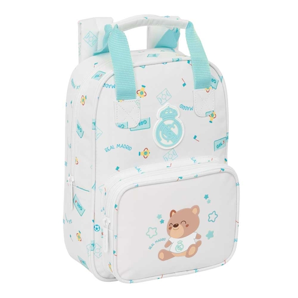 Safta Real Madrid Preescolar Mochila Infantil - Tarjeta de Identificacion Personal - Bolsillo Frontal - Hombreras Acolchadas - 20x28x8cm - Color Blanco
