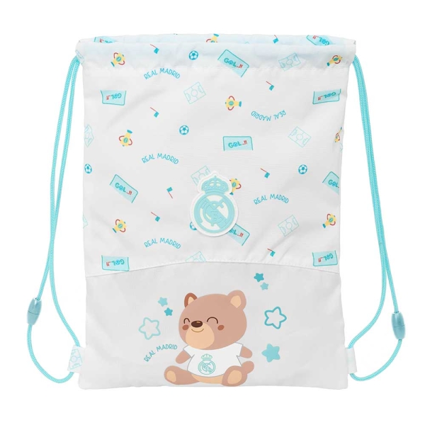 Safta Real Madrid Preescolar Saco Plano Infantil - Cierre Mediante Cordones - Bolsillo Interior con Cremallera - Seguridad Antiestrangulamiento - 26x34x1cm - Color Blanco