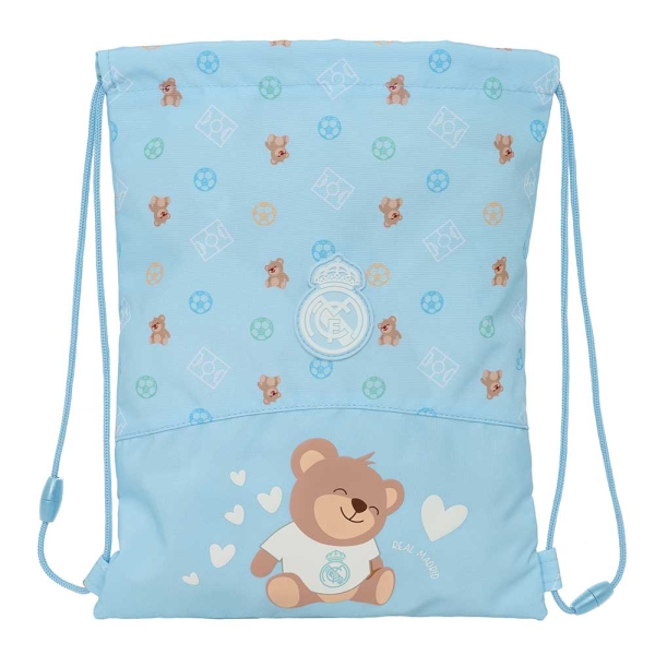Safta Real Madrid Preescolar Saco Plano Infantil - Cierre Mediante Cordones - Bolsillo Interior con Cremallera - Seguridad Antiestrangulamiento - 26x34x1cm - Color Azul