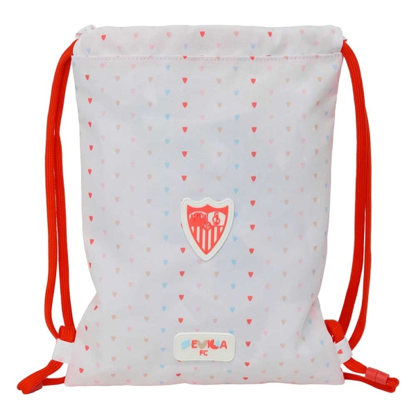 Safta Sevilla FC Preescolar Saco Plano - Cierre con Cordones - Bolsillo Interior con Cremallera - 26x34x1cm - Color Blanco y Rojo