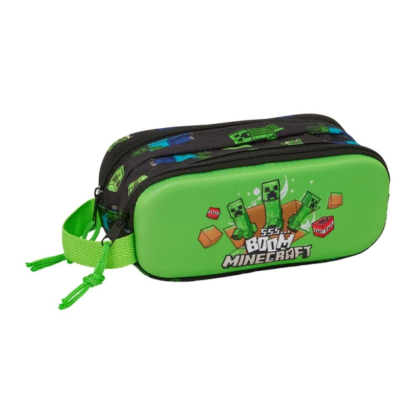 Safta Minecraft Boom Portatodo 3D - 2 Compartimentos con Cremallera - Asa Lateral - Capacidad 1L - 21x8x6cm - Color Verde y Negro