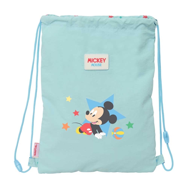 Safta Mickey Mouse Baby Saco Plano - Cierre con Cordones - Bolsillo Interior con Cremallera - 26x34x1cm - Color Azul Pastel