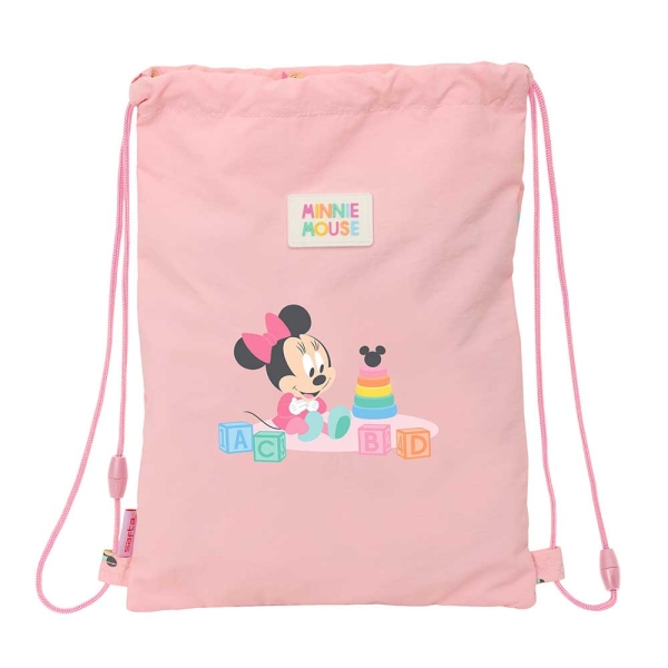 Safta Minnie Mouse Baby Saco Plano - Cierre con Cordones - Bolsillo Interior con Cremallera - 26x34x1cm - Color Rosa Pastel