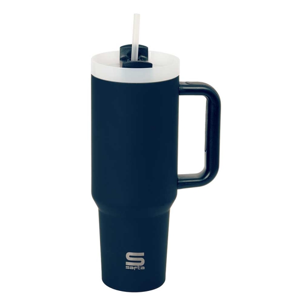 Safta Vaso con Asa Termico - Capacidad 1.2L - Pajita - Base Antideslizante - Acero Inoxidable - Doble Pared - 12h Caliente - 24h Frio - 10x26.5cm - Color Azul Marino