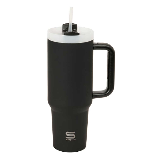 Safta Vaso con Asa Termico - Capacidad 1.2L - Pajita - Base Antideslizante - Acero Inoxidable - Doble Pared - 12h Caliente - 24h Frio - 10x26.5cm - Color Negro