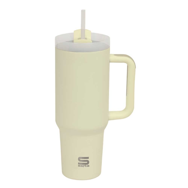 Safta Vaso con Asa Termico - Capacidad 1.2L - Pajita - Base Antideslizante - Acero Inoxidable - Doble Pared - 12h Caliente - 24h Frio - 10x26.5cm - Color Amarillo Pastel