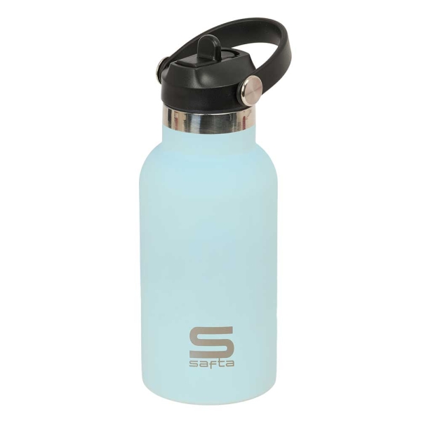 Safta Botella Isotermica Infantil - Capacidad 350ml - Tapon Roscado con Valvula - Base de Silicona - Asa Superior - Acero Inoxidable - 12h Caliente - 24h Frio - 19.5x7.3cm - Color Azul Pastel