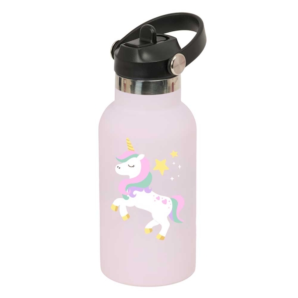 Safta Unicornio Botella Isotermica Infantil - Capacidad 350ml - Tapon Roscado con Valvula - Base de Silicona - Asa Superior - Acero Inoxidable - 12h Caliente - 24h Frio - 19.5x7.3cm - Color Lila