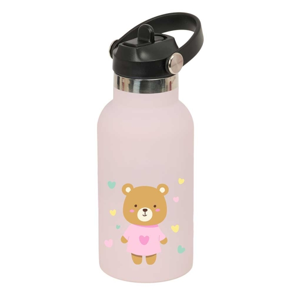 Safta Osito Botella Isotermica Infantil - Capacidad 350ml - Tapon Roscado con Valvula - Base de Silicona - Asa Superior - Acero Inoxidable - 12h Caliente - 24h Frio - 19.5x7.3cm - Color Rosa Pastel