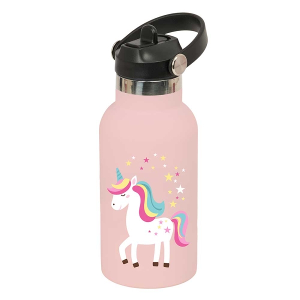 Safta Unicornio Botella Isotermica Infantil - Capacidad 350ml - Tapon Roscado con Valvula - Base de Silicona - Asa Superior - Acero Inoxidable - 12h Caliente - 24h Frio - 19.5x7.3cm - Color Rosa