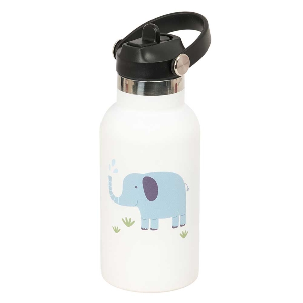 Safta Elefante Botella Isotermica Infantil - Capacidad 350ml - Tapon Roscado con Valvula - Base de Silicona - Asa Superior - Acero Inoxidable - 12h Caliente - 24h Frio - 19.5x7.3cm - Color Blanco