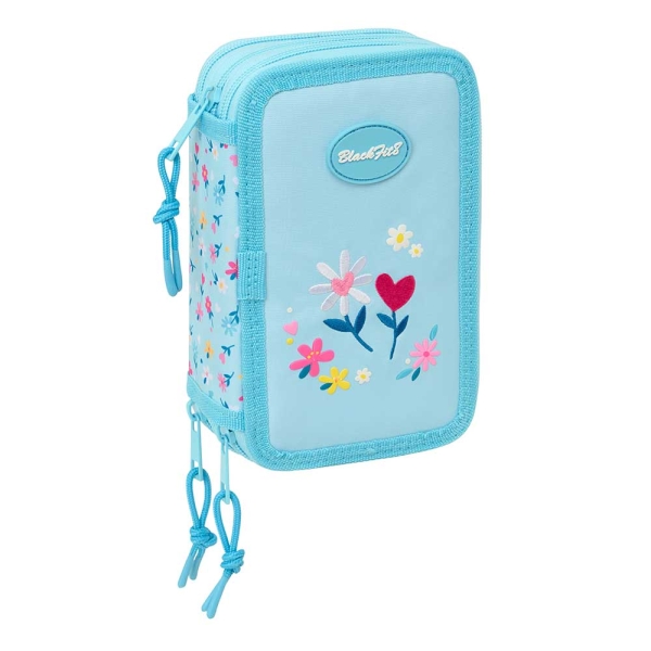 Safta Blackfit8 Petalos Plumier de 3 Pisos - 37 Piezas - Goma - Lapiz - 2 Boligrafos - Sacapuntas - 2 Reglas - 16 Colores - 14 Rotuladores - 12.5x19.5x5.5cm - Color Azul Claro