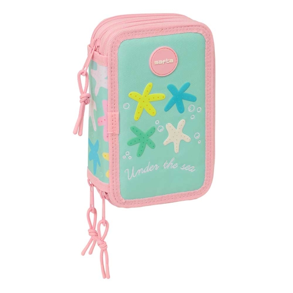 Safta Estrellas Plumier de 3 Pisos - 37 Piezas - Goma - Lapiz - 2 Boligrafos - Sacapuntas - 2 Reglas - 16 Colores - 14 Rotuladores - 12.5x19.5x5.5cm - Color Verde