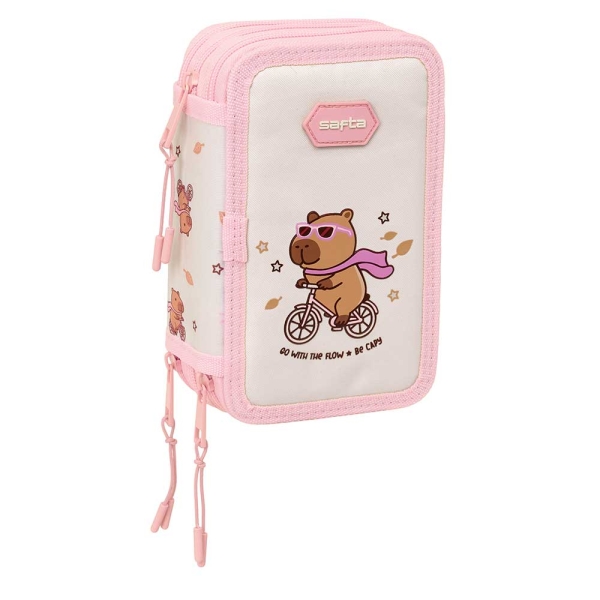 Safta Capibara Plumier de 3 Pisos - 37 Piezas - Goma - Lapiz - 2 Boligrafos - Sacapuntas - 2 Reglas - 16 Colores - 14 Rotuladores - 12.5x19.5x5.5cm - Color Rosa Pastel