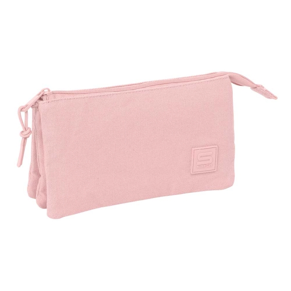 Safta Basic Portatodo - 3 Compartimentos con Cremallera - Bolsillo Interior Central - 22x12x3cm - Color Rosa
