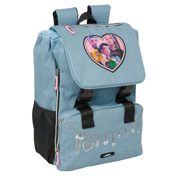 Safta K-Pop Demon Hunters Huntr/X Mochila Extensible - Solapa - Cierre con Cordon - Portabotellas - Bolsillo Frontal - Detalles Reflectantes - Rejilla Antisudor - 18.5x41x15cm - Color Azul Claro