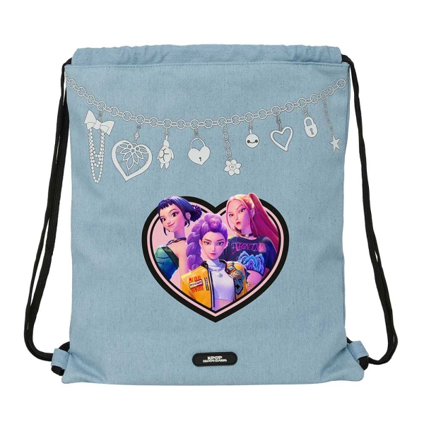 Safta K-Pop Demon Hunters Huntr/X Saco Plano - Cierre con Cordones - Bolsillo Interior con Cremallera - 35x40x1cm - Color Azul Claro