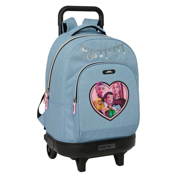 Safta K-Pop Demon Hunters Huntr/X Mochila con Carro - Extraible - 33L - Portabotellas - Tarjeta de Identificacion Personal - Doble Tirador - Asa - Bolsillo Frontal - 33x45x22cm - Color Azul Claro