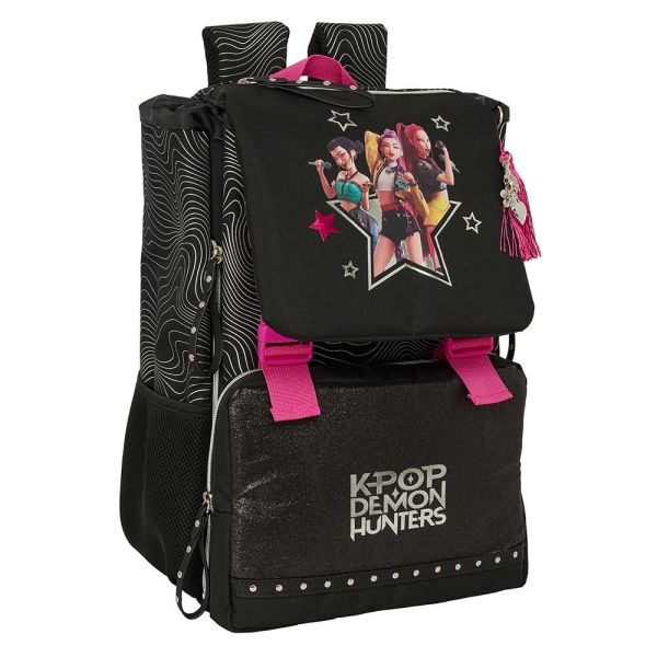 Safta K-Pop Demon Hunters Energy Mochila Extensible - Solapa - Cierre con Cordon - Portabotellas - Bolsillo Frontal - Detalles Reflectantes - Rejilla Antisudor - 18.5x41x15cm - Color Negro y Rosa