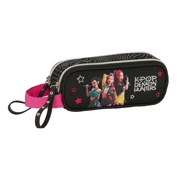 Safta K-Pop Demon Hunters Energy Portatodo - 2 Compartimentos con Cremallera - Asa Lateral - Capacidad 1L - 21x8x6cm - Color Negro y Rosa