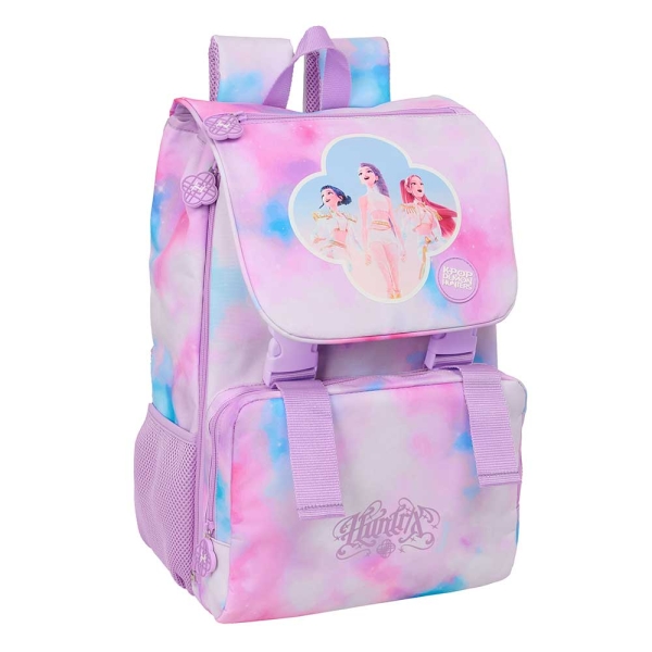 Safta K-Pop Demon Hunters Artist Mochila Extensible - Solapa - Cierre con Cordon - Portabotellas - Bolsillo Frontal - Detalles Reflectantes - Rejilla Antisudor - 18.5x41x15cm - Multicolor