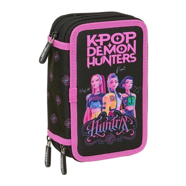 Safta K-Pop Demon Hunters Plumier de 3 Pisos - 37 Piezas - Goma - Lapiz - 2 Boligrafos - Sacapuntas - 2 Reglas - 16 Colores - 14 Rotuladores - 12.5x19.5x5.5cm - Color Negro y Rosa