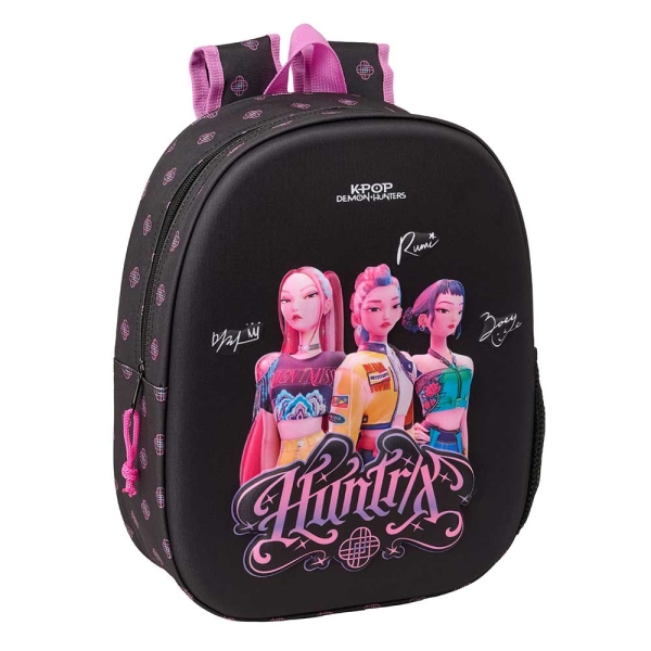Safta K-Pop Demon Hunters Mochila 3D - Portabotellas - Hombreras Acolchadas - Asa de Mano Superior - 27x33x10cm - Color Negro