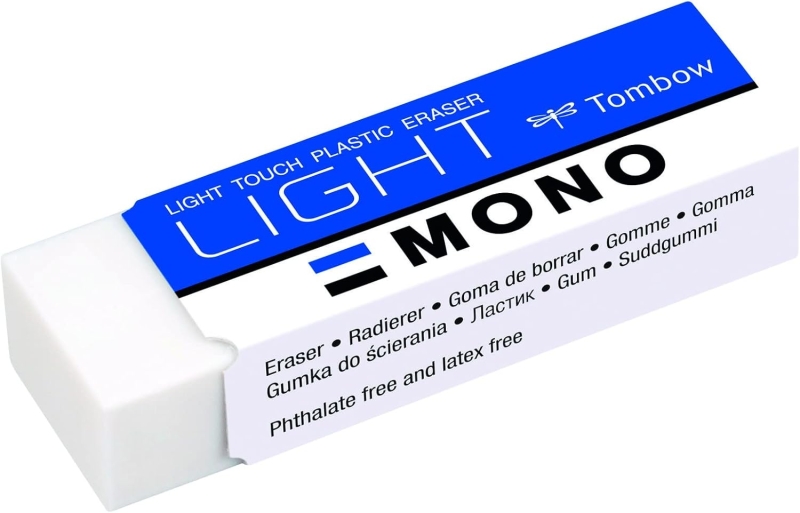 Tombow Mono Light Goma de Borrar - 13g - Especial para Borrado Delicado - Funda de Papel - PVC Libre de Ftalatos y Latex - Color Blanco
