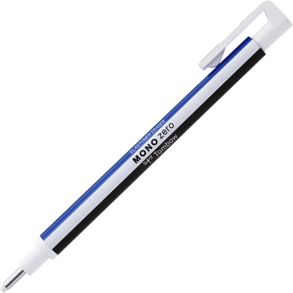 Tombow Mono Zero Portagomas - Punta Redonda de 2.3mm - Capuchon de Proteccion - Mecanismo de Giro - Libre de PVC y Latex - Color Blanco, Azul y Negro