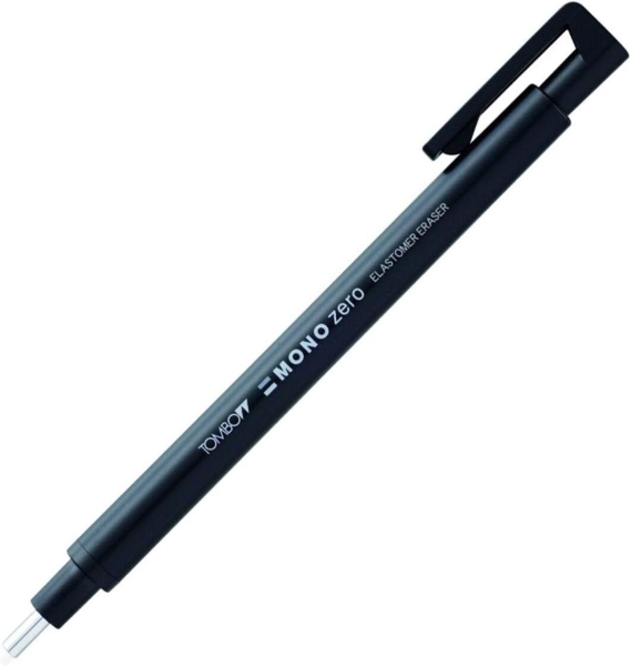 Tombow Mono Zero Portagomas - Punta Redonda de 2.3mm - Capuchon de Proteccion - Mecanismo de Giro - Libre de PVC y Latex - Color Negro