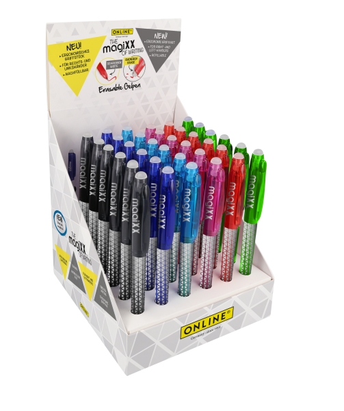 Online MagiXX Classic Expositor con 36 Boligrafos de Tinta Gel Borrables - Trazo de 0.7mm - Cartucho Reemplazable - Uso Ambidiestro - Colores Surtidos